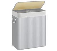 SONGMICS Cesto portabiancheria da 100 l, cestino per biancheria sporca, 2 scomparti, coperchio in bambù, maniglie, pieghevole, borsa rimovibile lavabile in lavatrice, per lavanderia, camera da letto