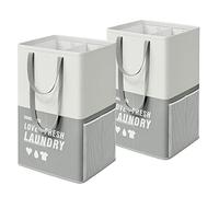 SONGMICS Cesto Portabiancheria Grande, 90L, Porta Biancheria a 2 Scomparti, Sta in Piedi, Pieghevole, Manico Doppio, per Lavanderia Camera da Letto Bagno, Grigio Chiaro LCB209G11