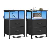SONGMICS Comodini Camera da Letto, Acciaio e Legno, con Stazione di Ricarica e Luci LED, 2 Cassetti e Vano a Giorno, Set di 2, 39,6 x 30 x 60,4 cm, Nero, Collezione Bellah LGS202B102