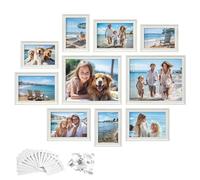 SONGMICS Cornici per Foto con 16 Passepartout, Set di 10 Portafoto, Due Cornici 8x10, Quattro 5x7, Quattro 4x6, da Parete o Tavolo, 12 Chiodi Senza Traccia, Bianco Vintage