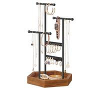 SONGMICS Espositore Portagioie, Porta Collane e Orecchini, 4 Partizioni, Supporto per Gioielli, in Metallo, Supporto per Bracciali Anelli, Idea Regalo, Nero e Marrone Caramello JJS03CB