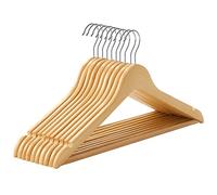 SONGMICS Grucce Legno, 10 Pezzi, Appendiabiti con Scanalature su Spalle, Barra Portapantaloni Antiscivolo e Gancio Girevole a 360°, per Completi Camicie Cappotti, Naturale e Argento CRW001-10