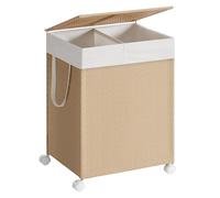SONGMICS HOME Cesto Portabiancheria a 2 Scomparti, Carrello Biancheria Sporca 100 L con Ruote Coperchio, Sacco con Manici, Effetto Rattan, Lavanderia Bagno, Beige Naturale e Bianco Opaco LCB601N01