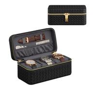 SONGMICS HOME Collezione RONNE - Porta Orologi da Viaggio, Scatola per 3 Orologi, PU con Intrecciatura Goffrata, 10 x 20 x 9 cm, Regalo, Esterno Nero Inchiostro, Interno Grigio Ardesia JWB017G01