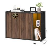SONGMICS HOME Credenza, Snapsemble Montaggio Rapido, Armadio, Mobile TV con Illuminazione e Ripiano in Vetro, Minimalista, Noce Naturale e Nero Ebano BBK372B01