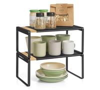 SONGMICS HOME Set di 2 Scaffali Portaspezie, Estensibili, Organizzatore da Cucina, Scaffale da Cucina, Impilabile, Organizzatore da Tavolo, Scarpiera, Beige Naturale e Nero Inchiostro KCS051B01