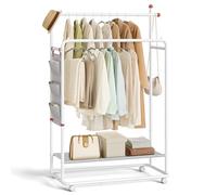 SONGMICS HOME Stand Appendiabiti, Attaccapanni in Metallo con Ruote, 2 Barre Appendiabiti, Tasche Laterali, Ripiano, Ganci a Forma di Fiammifero, Bianco Opaco HSR171W01