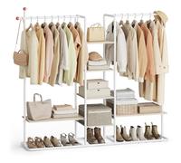 SONGMICS HOME Stand Appendiabiti, Guardaroba Aperto, 6 Ripiani Portaoggetti, 2 Barre, Ganci a Forma di Fiammifero, Armadio Camera da Letto, Beige Naturale e Bianco Opaco RGR012K01