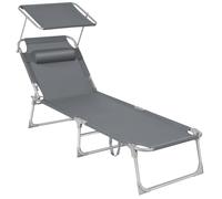 SONGMICS Lettino Prendisole, Sedia a Sdraio Pieghevole, 193 x 53 x 29 cm, Max Portata 150 kg, con Poggiatesta Parasole e Schienale Reclinabile, per Terrazzo Piscina Giardino, Grigio Scuro GCB19UV1
