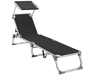 SONGMICS Lettino Prendisole, Sedia a Sdraio Pieghevole in Alluminio, con Parasole e Schienale Reclinabile, 193 x 55 x 31 cm, Max Portata 150 kg, per Terrazzo Piscina Giardino, Nero GCB019B01