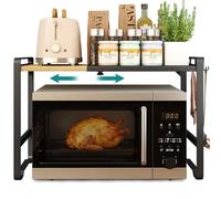 SONGMICS Mensola Microonde Estensibile, Scaffale Supporto Forno a Microonde, Larghezza Regolabile da 41,5 a 64 cm, Cucina, Acciaio e Bambù, 4 Ganci, Nero Inchiostro e Bambù Chiaro KCS060B01