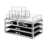 SONGMICS Organizer per Trucco, Organizer per Cosmetici, Impilabile, Custodia in Acrilico con 11 Scomparti, 4 Cassetti, per Tavolo da Trucco, Camera da Letto, Bagno, Idea Regalo, Trasparente/Bianco