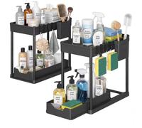 SONGMICS Organizer Sottolavello Cucina Estraibile a 2 Ripiani, Set di 2 | Organizer Lavandino Cucina, 38 x 20,7 x 35 cm, con Ganci, per Bagno, Nero Inchiostro, Collezione Glora, KCS215B101