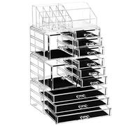 SONGMICS Organizer Trucchi con 11 Cassetti e 15 Scomparti di Diverse Dimensioni, Organizzatore per Cosmetici 4 in 1 XXL, Tappetini Antiscivolo, per Make Up e Gioielli, Trasparente JKA017TP