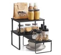 SONGMICS Organizzatori Armadio da Cucina, Set di 3 Scafali da Banco, Impilabili, Portaspezie Espandibile, in Metallo e Legno Ingegnerizzato, Nero Opaco e Grigio Antracite KCS220B01