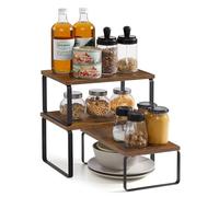 SONGMICS Organizzatori Armadio da Cucina, Set di 3 Scafali da Banco, Impilabili, Portaspezie Espandibile, in Metallo e Legno Ingegnerizzato, Nero Opaco e Marrone Vintage KCS220K02