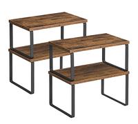 SONGMICS Organizzatori da Cucina, Set di 4 Scaffali da Banco, Portaoggetti per Armadietto, Impilabile, Espandibile, Metallo e Legno Ingegnerizzato, Nero Inchiostro e Marrone Vintage KCS021X01