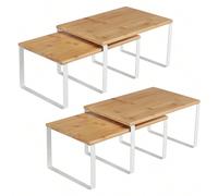 SONGMICS Organizzatori da Cucina, Set di 4 Scaffali da Banco, Portaoggetti per Armadietto, Impilabile, Espandibile, Metallo e Legno Ingegnerizzato, Bianco Nuvola e Beige Naturale/Nero Inchiostro e Bei
