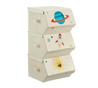 SONGMICS Organizzatori per Bambini, 3 Scatole Portaoggetti Impilabili, Scatole Pieghevoli con Manici, Coperchio Magnetico, Tema Spazio, Beige RLB700M01