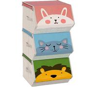 SONGMICS Organizzatori per Bambini, 3 Scatole Portaoggetti Impilabili, Scatole Pieghevoli con Manici, Coperchio Magnetico, Tema di Modello Leone Gatto Coniglio, Rosa, Blu, Verde e Grigio RFB760P01