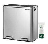 Songmics - Pattumiera a doppio scomparto 2 x 30 l, con 15 sacchetti della spazzatura, pedali in metallo, 2 secchi interno in plastica, coperchi, manici, chiusura ammortizzata, Argento e Nero, LTB60NL