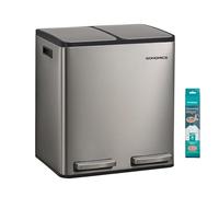 SONGMICS Pattumiera Cucina, 2 x 15 L, Acciaio, 2 Scomparti, Coperchio | Cestino per Raccolta Differenziata, 15 Sacchetti, Secchi Rimovibili, Maniglie, Chiusura Morbida, Collezione PARY LTB130EZ01