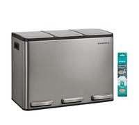 SONGMICS Pattumiera Cucina 3 x 15 L, Cestino per Raccolta Differenziata 3 Scomparti, 15 Sacchetti, Secchi Rimovibili, Coperchio, Maniglie, Chiusura Morbida, Acciaio Inox, Argento LTB145EZ01