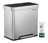 SONGMICS Pattumiera da cucina, 2 x 30 l, in acciaio inox, a pedale, con 15 sacchetti per raccolta differenziata e rifiuti, con secchio interno in plastica, coperchio, chiusura morbida, 58 x 31,5 x 59