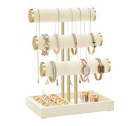 SONGMICS Porta Bracciali, Espositore per Gioielli, Portagioie con 3 Supporti per Braccialetti e Vassoio in Velluto, Porta Anelli Rimovibile, Bianco Crema e Oro Pallido JJS027W101