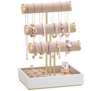 SONGMICS Porta Bracciali, Espositore per Gioielli, Portagioie con 3 Supporti per Braccialetti e Vassoio in Velluto, Porta Anelli Rimovibile, Bianco Nuvola e Marrone Cammello JJS027A01