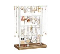SONGMICS Porta Orecchini, Espositore per Gioielli a 4 Livelli, Organizzatore per Orecchini con Vassoio, Base in Legno, Portagioie per Collane, Colore Legno e Bianco JJS019W01