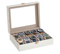SONGMICS Porta Orologi a 10 Posti, Scatola Portaorologi, Coperchio in Vetro, Cuscini Rimovibili, Chiusura in Metallo, Idea Regalo, Superficie in PU Bianco Nuvola, Interno Beige Cappuccino JWB010W01