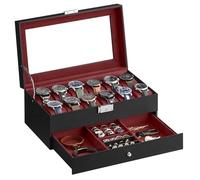 SONGMICS Porta Orologi a 12 Posti, per Natale, Scatola Portaorologi a 2 Livelli, Coperchio in Vetro, Chiusura, Cassetto, Idea Regalo, Superficie in PU Nera, Interno Rosso Bordeaux JWB012R01