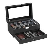 SONGMICS Porta Orologi a 12 Posti, Scatola Portaorologi a 2 Livelli, Coperchio in Vetro, Chiusura, Cassetto, Idea Regalo, Superficie in PU Nera, Interno Nero JWB012B03
