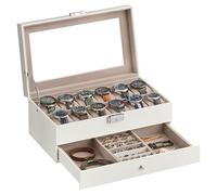 SONGMICS Porta Orologi a 12 Posti, Scatola Portaorologi a 2 Livelli, Coperchio in Vetro, Chiusura, Cassetto, Idea Regalo, Superficie in PU Bianca Nuvola, Interno Beige Cappuccino JWB012W01