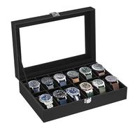 SONGMICS Porta Orologi a 12 Posti, Scatola Portaorologi, Coperchio in Vetro, Cuscini Rimovibili, Chiusura in Metallo, Idea Regalo, Superficie in PU Nera, Interno Nero JWB12B