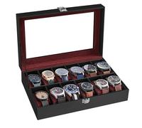 SONGMICS Porta Orologi a 12 Posti, Scatola Portaorologi, Coperchio in Vetro, Cuscini Rimovibili, Chiusura in Metallo, Idea Regalo, Superficie in PU Nero, Interno Rosso Bordeaux JWB120R01