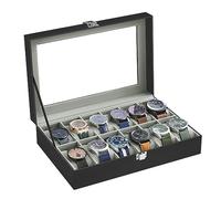 SONGMICS Porta Orologi a 12 Posti, Scatola Portaorologi, Coperchio in Vetro, Cuscini Rimovibili, Serratura, Regalo Festa del Papà, Superficie in PU Nera, Interno Grigio JWB12BK