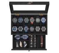 SONGMICS Porta Orologi a 12 Scomparti, per Natale, Scatola Portaorologi a 2 Livelli, Coperchio in Vetro, con Cuscinetti, Fodera in Velluto, Idea Regalo, Nero Inchiostro JOW012B02