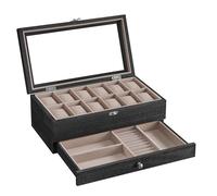 SONGMICS Porta Orologi a 12 Scomparti, Scatola Portaorologi a 2 Livelli, Coperchio in Vetro, con Cuscinetti, Fodera in Velluto, Idea Regalo, Nero Ebano JOW012B01