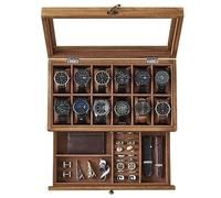 SONGMICS Porta Orologi a 12 Scomparti, Scatola Portaorologi a 2 Livelli, Coperchio in Vetro, con Cuscinetti, Fodera in Velluto, Idea Regalo, Noce Rustico JOW012K01