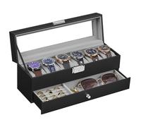 SONGMICS Porta Orologi a 6 Posti, Scatola Portaorologi a 2 Livelli, Coperchio in Vetro, Chiusura, Cassetto, Idea Regalo, Superficie in PU Nera, Interno Grigio JWB060G01