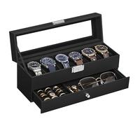 SONGMICS Porta Orologi a 6 Posti, Scatola Portaorologi a 2 Livelli, Coperchio in Vetro, Chiusura, Cassetto, Idea Regalo, Superficie in PU Nera, Interno Nero JWB060B02