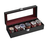 SONGMICS Porta Orologi a 6 Posti, Scatola Portaorologi, Coperchio in Vetro, Cuscini Rimovibili, Chiusura in Metallo, Idea Regalo, Superficie in PU Nero, Interno Rosso Bordeaux JWB006R01