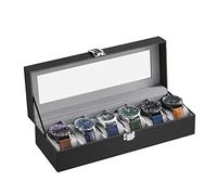 SONGMICS Porta Orologi a 6 Posti, Scatola Portaorologi, Coperchio in Vetro, Cuscini Rimovibili, Chiusura in Metallo, Idea Regalo, Superficie in PU Nera, Interno Grigio Verdastro JWB06BK