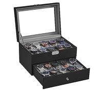 SONGMICS Porta Orologi, Scatola Portaorologi a 2 Livelli, Coperchio in Vetro, con Cuscinetti Rimovibili, Idea Regalo, Superficie in PU Nera, Interno Grigio JWB020