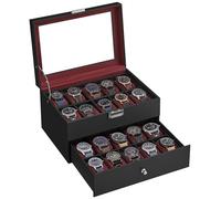 SONGMICS Porta Orologi, Scatola Portaorologi a 2 Livelli, Coperchio in Vetro, con Cuscinetti Rimovibili, Idea Regalo, Superficie in PU Nera, Interno Rosso Bordeaux JWB020R01
