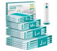 SONGMICS Sacchetti per Aspirapolvere con Pompa Elettrica Ricaricabile e Portatile, Sacchetti per Vestiti, Lenzuola, Armadi e Viaggi, Compatti e Riutilizzabili, 15 Pezzi, 3S/4M/4L/4J, Trasparenti