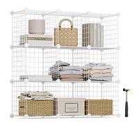 SONGMICS Scaffale a 9 Scomparti di Griglia Metallica, Organizzatore Modulare ad Incastro con Pannelli di Plastica PP, per Libri Scarpe Vestiti, Soggiorno Bagno, 31 x 93 x 93 cm, Bianco LPI115W