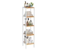 SONGMICS Scaffale da Bagno Stretto in Bambù a 5 Ripiani | Scaffale Multifunzione ad Angolo, Bambù Chiaro e Bianco Nuvola, Collezione BAMBOU BCB055N01